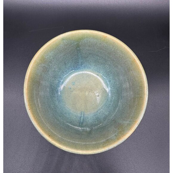 Art Pottery Bowl Green Blue Drip Swirl Glaze Unique Signed Gan Handmade Dish - Picture 6 of 10